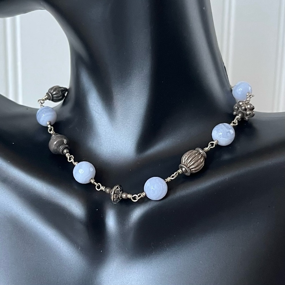 Blue stone & silver Bali bead adjustable bracelet